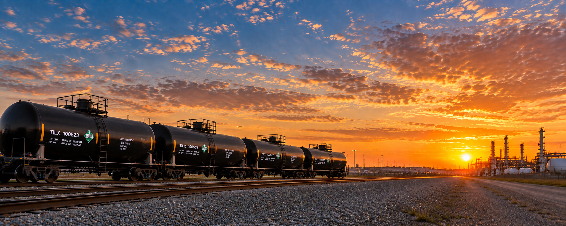 Industrial ammonia railcars at sunset