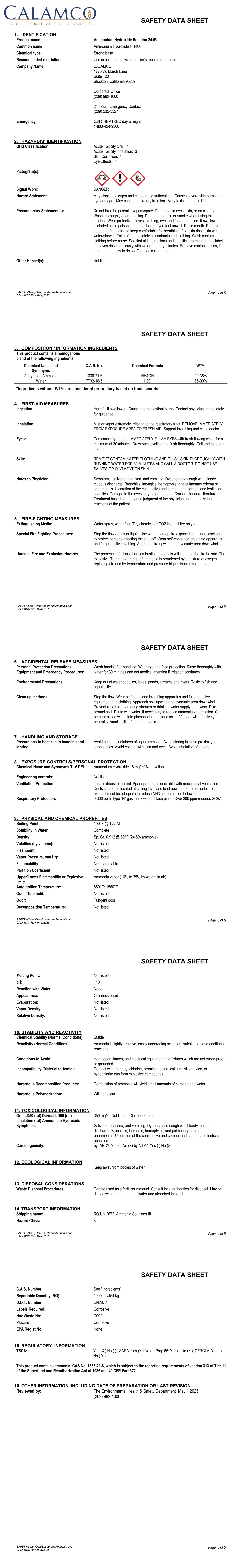 Aqua Ammonia Safety Data Sheet