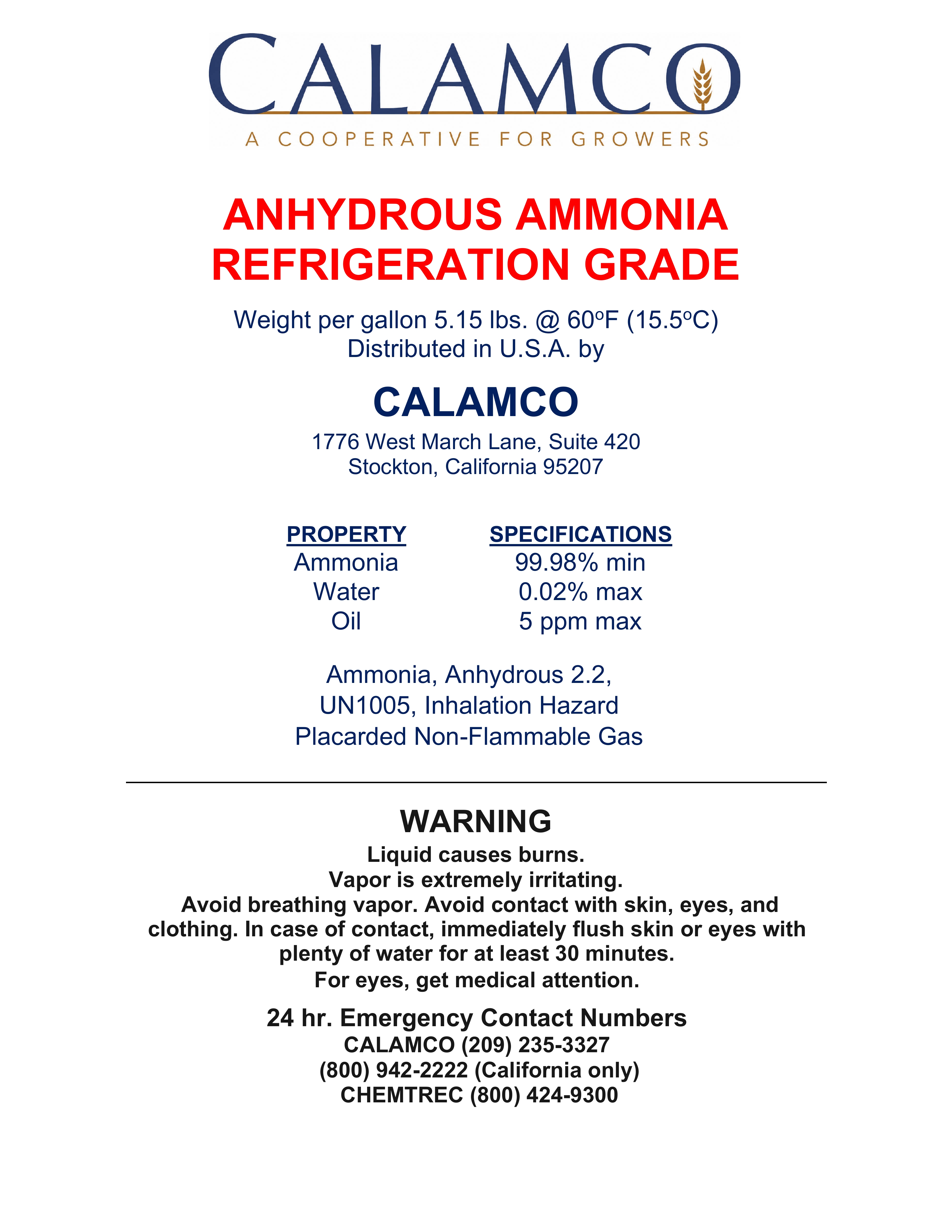 Anhydrous Ammonia Refrigeration Grade Product Specification